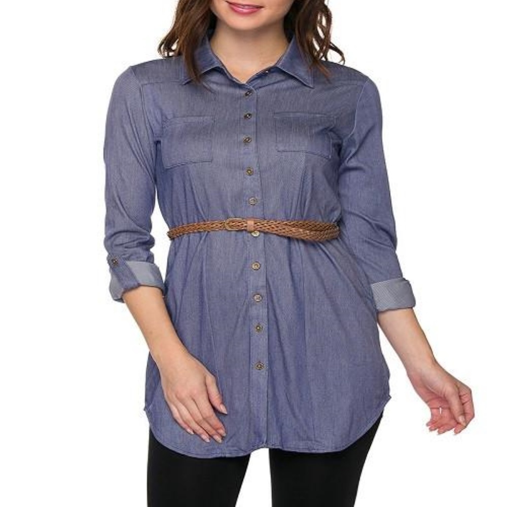 Faux Denim-Look Belted Tunic Chambray Shirt Dress